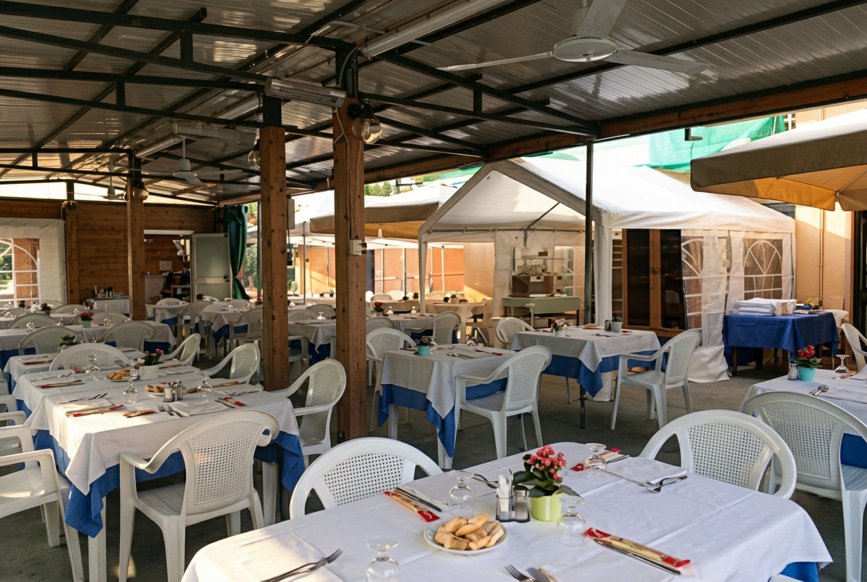 La veranda estiva del Ristorante La Baracca con i tavoli apparecchiati