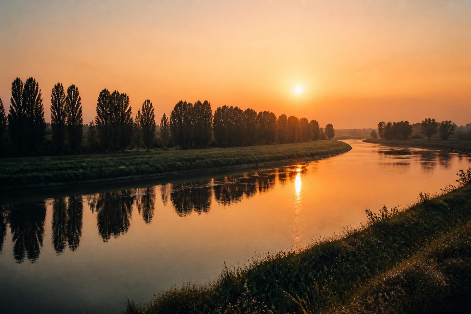 Il Po al tramonto lungo l'argine, nella campagna mantovana